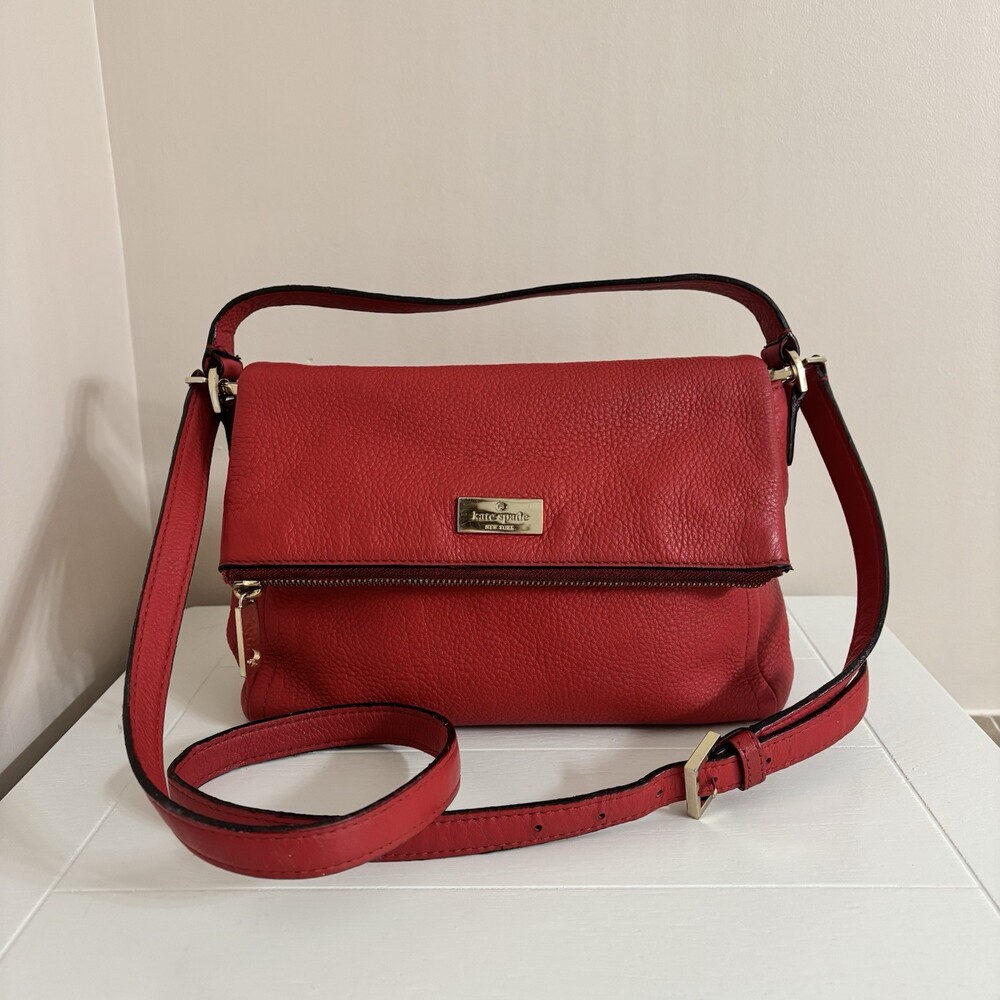 Kate Spade New York Red Pebbled Leather Shoulder Bag Gold Hardware Pink Lining